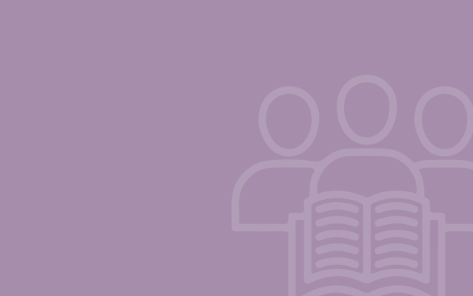 Lavender background with people and book icons