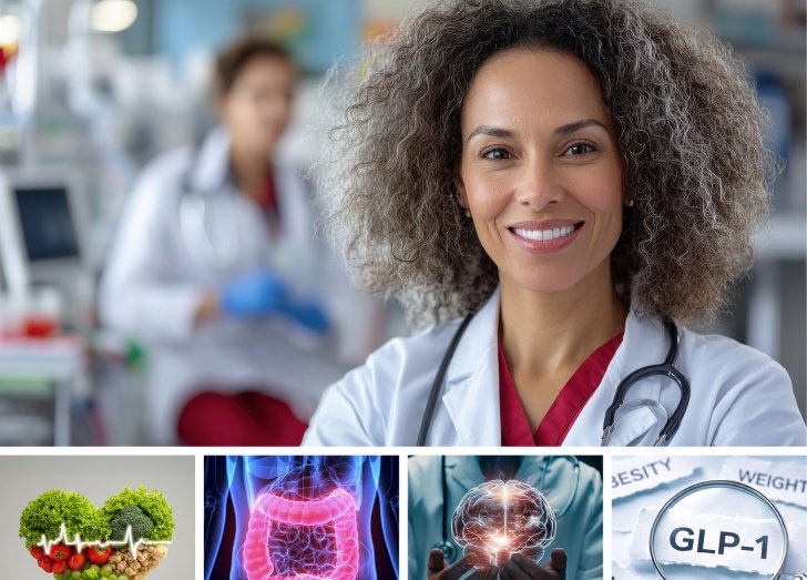 collage of women smiling, GLP drug, colon, and hands holding an innovation globe.