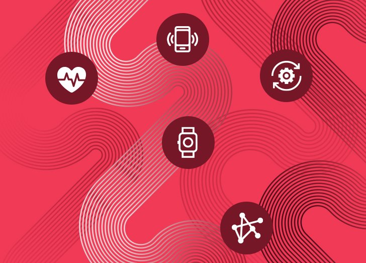 Five icons on a red background.