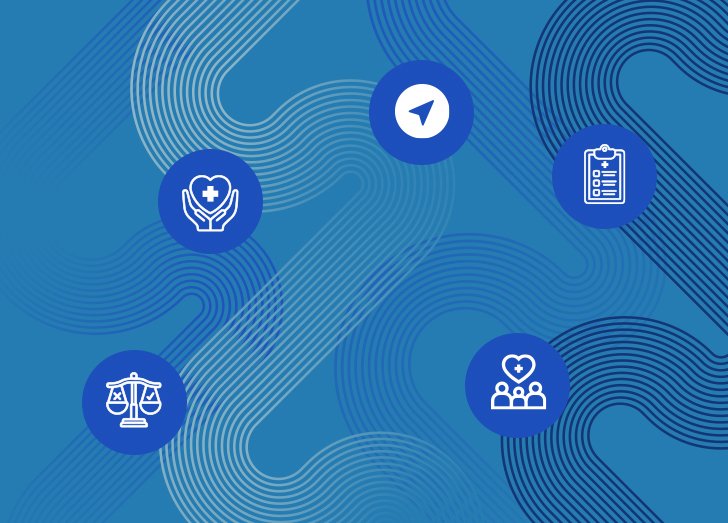 Five icons on a blue background.