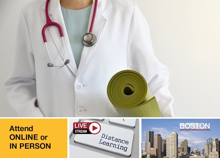 White coat doc torso with red stethoscope holding green yoga mat with "attend online or in person" information beneath
