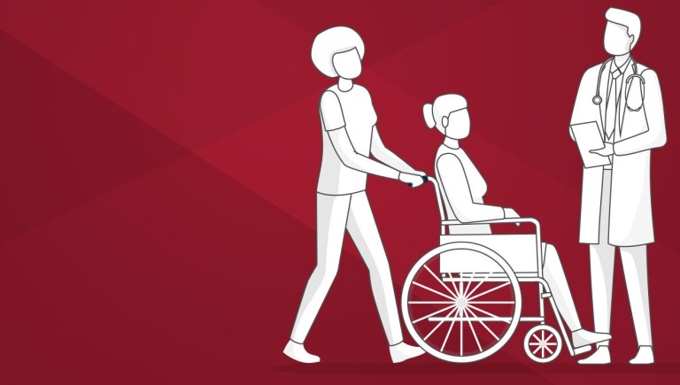 An illustration of a person wheeling another person and a health care provider nearby on a red background.