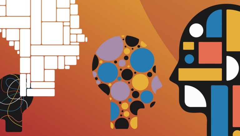 Silhouette of heads in different colors and designs. 