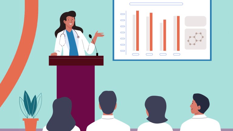 An animated image of a doctor speaking to residents.