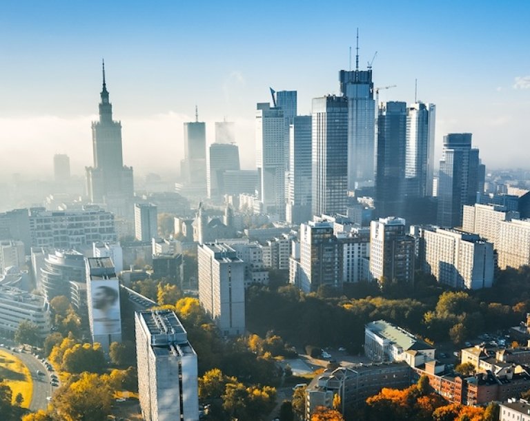 The skyline in Warsaw, Poland.