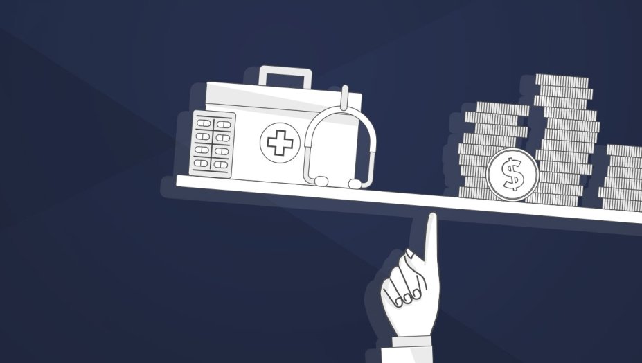 An illustration of a person balancing a first aid kit and coins on a dark blue background.