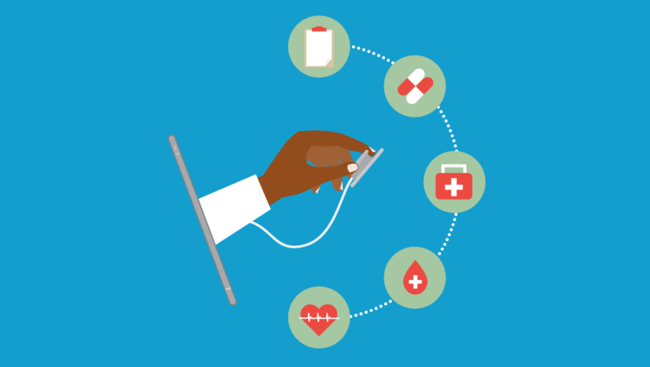 Illustration of hand holding stethoscope coming out of computer.