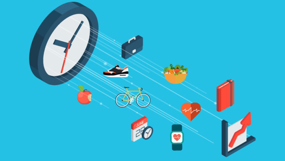 An illustration of a clock with icons attached by strings.