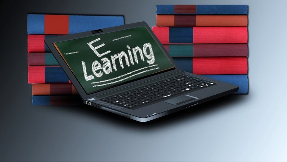 A computer screen displaying the text "E-learning." 