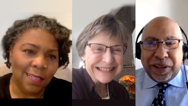 Kevin Tucker, Reverend Traci Blackmon, and Ellen Long-Middleton on a video call.