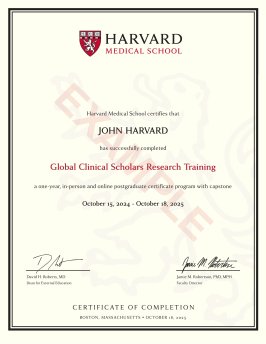 An example of the Global Clinical Scholars Research Training certificate.