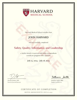An example certificate of the Safety, Quality, Informatics, and Leadership program.